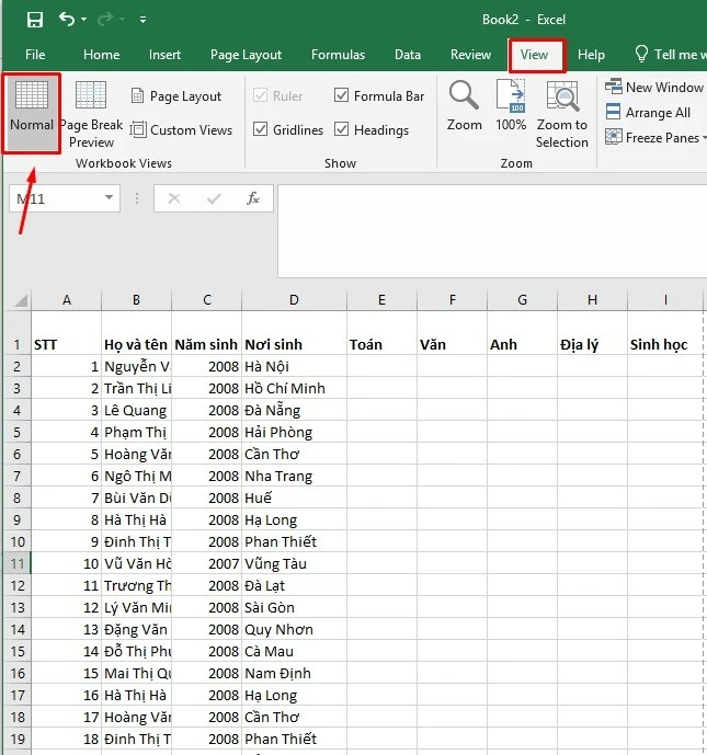 Chọn chế độ Normal trong Excel