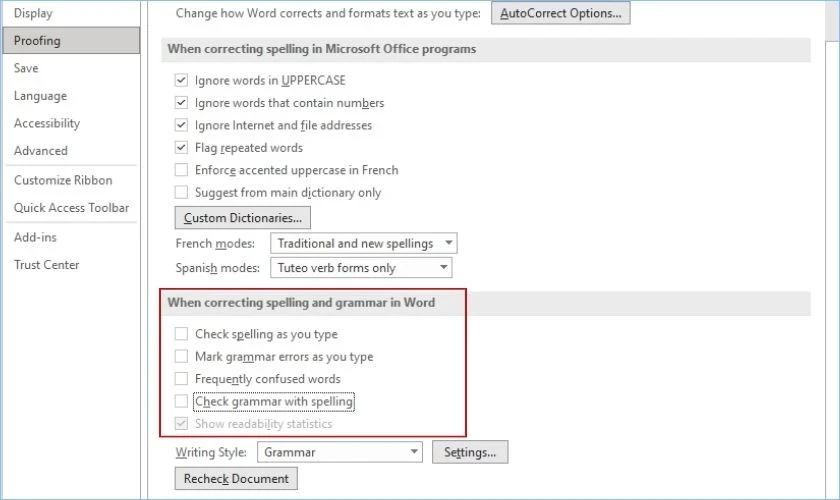 Bỏ gạch đỏ trong Word, tắt kiểm tra chính tả đơn giản