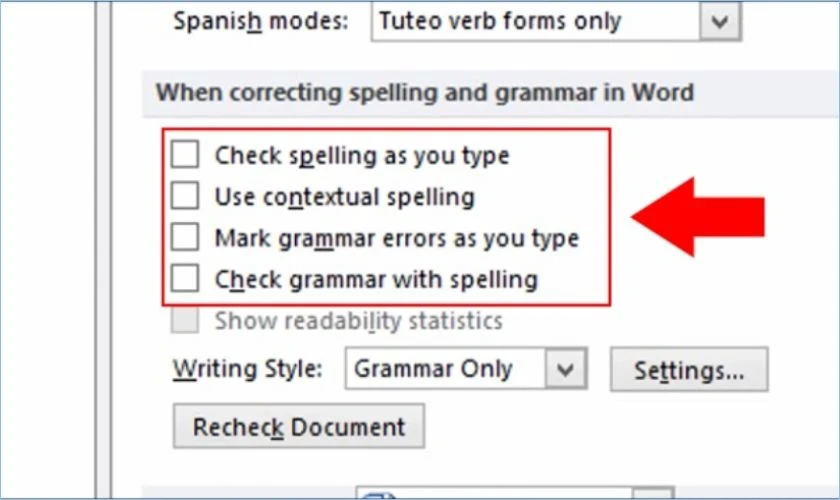 Bỏ gạch đỏ trong Word, tắt kiểm tra chính tả đơn giản